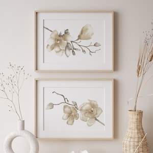 Stampe di magnolia neutre ad acquerello - Set di 2, arte floreale botanica beige e marrone per l'arredamento di stanze neutre, arte moderna della fattoria