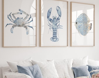 Watercolor Coastal Wall Decor, Light Blue Nautical Art, Set of 3 Prints, Minimalist Wall Decor, Baby Nursery Gift Kids Room Modern Hamptons