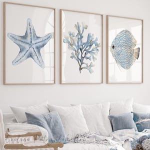 Set van 3 kunst aan de kust: strandhuisafdrukken oceaanvissen, koraal en zeester