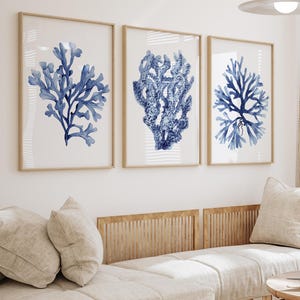 Minimalist Corals Trio Wall Art – Navy Blue Set of 3 Prints for Ocean-Themed Spaces, Elegant Beach House Decor, Watercolor Art