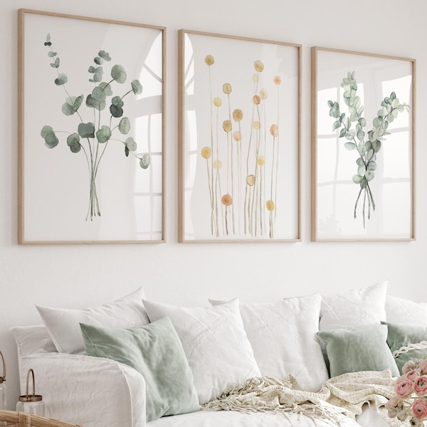 Sage Green Yellow Botanical Wall Art Set of 3 Watercolor Prints Neutral Living Room Decor