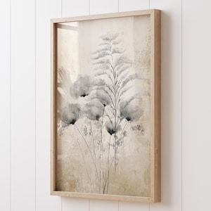 Stampa minimalista di fiori selvatici neri – Arte murale moderna in stile fattoria, papaveri su sfondo abbronzato, grande opera d'arte botanica neutra