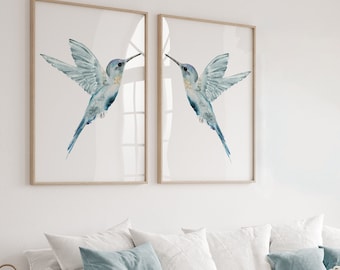 Abstract Hummingbird Set of 2 Prints, Teal Minimalist Coastal Wall Decor, Modern Poster, Birds, Living Room, Bedroom Art, Spring Decor