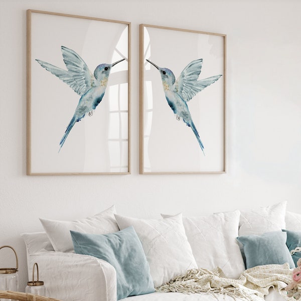 Abstraktes Kolibri-Set mit 2 Drucken, blaugrünes minimalistisches Küsten-Wanddekor, modernes Poster, Vögel, Wohnzimmer, Schlafzimmerkunst, Frühlingsdekor