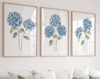 Blue Hydrangea Painting, Set of 3 Prints, Minimalist Home Decor, Botanical Print, Abstract Flowers