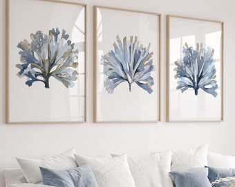 Minimalist Coastal Wall Decor, Set of 3 Prints, Queen Bed Fine Art Posters, Coral Collection, Modern Hamptons Home, Botanical Artwork