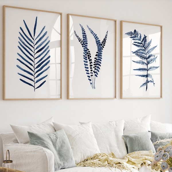 Navy Blue & Indigo Fern, Set of 3 Prints, Art over King Size Bed, Fern Watercolor Painting, Handmade Home Decor, Botanical Illustrations