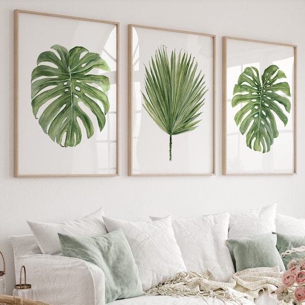 Hojas tropicales verdes jugosas, conjunto de 3 impresiones, pintura Monstera Deliciosa, hoja de palma de abanico, vegetación de acuarela, carteles de bellas artes extra grandes
