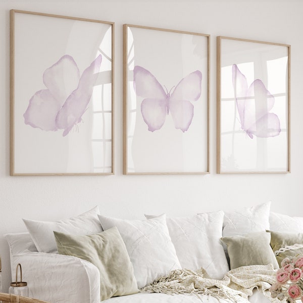Blush Purple Butterflies, Minimalist Wall Decor, Baby Girl Nursery Art, Set of 3 Prints, Extra Large Art, Pastel Delicate Kids' Artwork