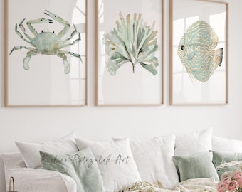 Sage Green Coastal Wandkunst 3er-Set – Krabbe, Fisch und Algen Aquarelldruck