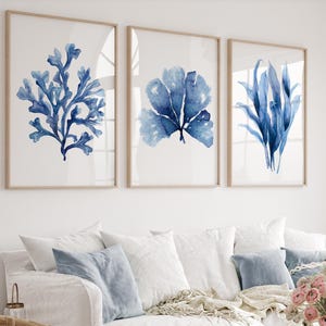 Navy Blue Wall Decoration Coral Seaweed Print Watercolor Set of 3 Prints Minimalist Artwork Botanical Art Nautical Beach House Coastal Decor