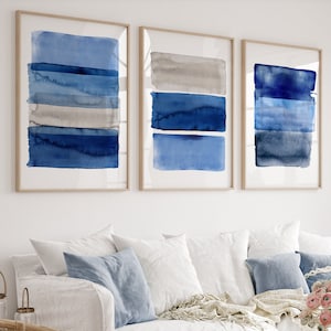 Grande arte geometrica ad acquerello, blu navy, strisce indaco, decorazione murale minimalista astratta, set di 3 stampe, arte contemporanea ispirata all'oceano