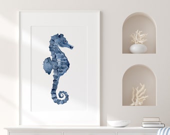 Pittura ad acquerello cavalluccio marino, opere d'arte nautiche blu navy, illustrazione minimalista, arte della vita marina