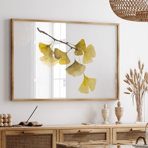 Gele ginkgo biloba Fine Art Print, horizontale aquarel schilderij, botanische tekening, boomtak, moderne minimalistische kunstwerken, Scandinavische kunst