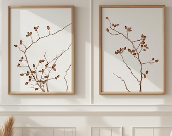 Rosehip Botanical Duo – Set of 2 Minimalist Branch Prints – Burnt Sienna Wall Art – Gift