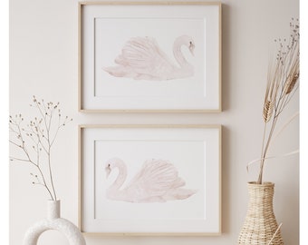 Tableau cygne aquarelle, décoration murale minimaliste, lot de 2 impressions, oeuvre d'art horizontale, deux très grandes impressions, oeuvre d'art rose poudré