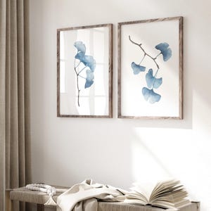 Light Blue Ginkgo Biloba Branches, Set of 2 Botanical Prints, Minimalist Botanical Print, Abstract Wall Decor, Botanical Posters