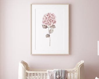 Aquarelle Décoration Murale, Hortensia Rose Clair, Peinture Fleur Minimaliste, Dessin, Art Botanique Plante Peinture Pépinière Décor Floral Wall Art