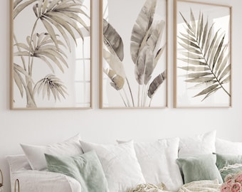 Earthy Tones Tropical Leaves – Monstera and Palm Neutral Wall Art Set