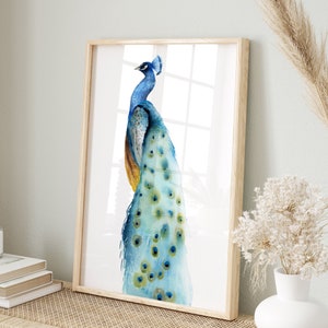 Aquarell Pfau Malerei, moderne abstrakte Vogel Illustration, minimalistische Zeichnung, Paradiesvogel, Geschenkidee, extra große Kunst Poster Bild 3