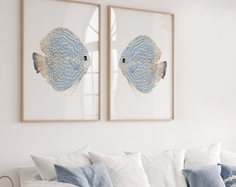 Abstract Discus Fish, Set of 2 Prints, Modern Coastal Wall Decor, Watercolor Artwork, Marine Animals, Beach House Art, Blue Fish Painting