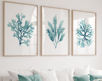 Teal Corals Set of 3 Prints, Minimalist Wall Decor, Costal Artwork, Ocean Plants, Seaweed Painting, Minimalistic Illustration