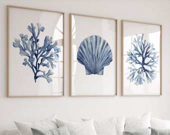 Set di 3 stampe coralline, decorazioni murali minimaliste, decorazioni per la casa blu navy, arte nautica, belle arti contemporanee, stampe botaniche, arte della casa sulla spiaggia