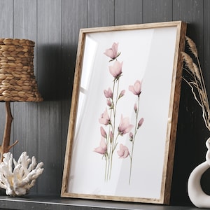 Fiori rosa a campana, poster di arte botanica, fiore rosa a campana, fiori selvatici di prato, arte astratta, decorazione da parete moderna in stile fattoria