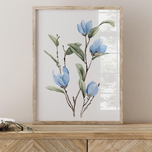 Fiori di magnolia blu acquerellati, dipinto astratto di magnolia, idea regalo per lei, arte murale minimalista, design moderno di chinoiserie