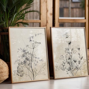 Fiori neri minimalisti su sfondo vintage, decorazione murale rustica boho, set botanico di 2 stampe, arte floreale selvaggia