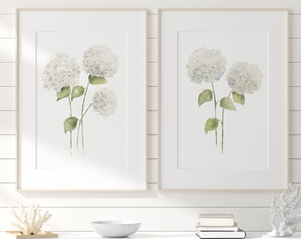 Annabelle Hydrangea Painting, Set di 2 stampe, Fiori ad acquerello, Decorazione murale minimalista, Ortensie bianche