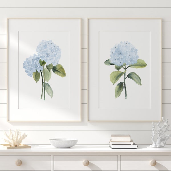 Modern Watercolor Minimalist Art, Coastal Wall Decor, Hamptons Hydrangea Set of 2 Prints, Botanical Artwork, Large Fine Art Poster