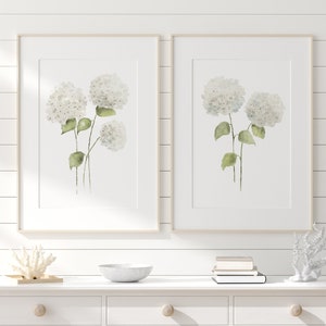 Annabelle hortensiabloemen – set van 2 aquarel botanische prints, minimalistische witte hortensia's, kunst aan de muur babymeisje kinderkamer