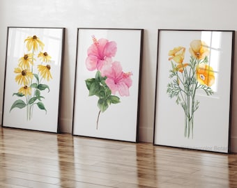 Aquarell Zustand Blumen, Hibiskus, Black Susan, Kalifornischer Mohn, Botanische Drucke, Fine Art Poster, Florales Wanddekor, Modernes Bauernhaus
