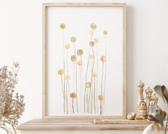 Watercolor Minimalist Yellow Flowers, Billy Button Painting, Watercolor Abstract Bouquet, Print Modern Floral Art Botanical Decor