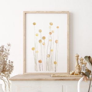 Aquarelle de fleurs jaunes minimalistes, tableau Billy Button, bouquet abstrait aquarelle, impression d'art floral moderne, déco botanique image 1