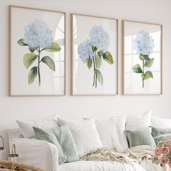 Aquarell hellblaue Hortensie Set für ein modernes Zuhause, Minimalistische Kunstwerke, 3er-Set Prints, botanische Fine Art Poster, Hamptons Wanddekoration