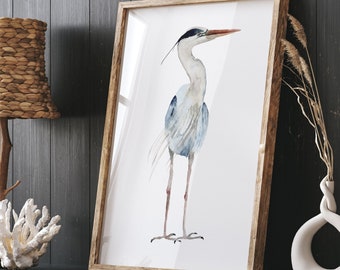 Grote blauwe reiger aquarel schilderij, enkele Fine Art Poster, archiefprint, handgeschilderde illustratie, Lake Birds Image, natuurkunst