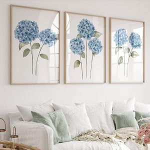 Arte murale floreale con ortensia – Set di 3 stampe botaniche, fiori di ortensia, moderna decorazione murale floreale minimalista