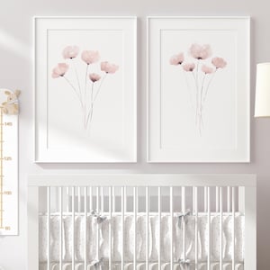Papaveri rosa cipria – Arte floreale astratta da parete per la cameretta del bambino, fiori minimalisti per la culla, stampe botaniche pastello tenui