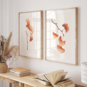 Rami di ginkgo arancione terracotta, sfondo crema, acquerelli moderni, arte murale con rami di alberi, arte murale bianco sporco, set di 2 stampe