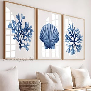 Art aquarelle de corail et de coquillages - Impressions côtières bleues modernes, lot de 3