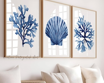 Aquarell Korallen & Muschel Kunst - Moderne Blaue Küsten Drucke, 3er Set