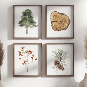 Natur inspirierte Aquarelldrucke - Kiefernbaum, Holzscheibe, Beeren und Tannenzapfen Art, Woodland Home Decor Set