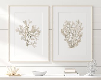 Beige Set of 2 Corals, Minimalist Wall Decor, Modern Boho Painting, Beige Ecru Artwork, Beach House Decor, Coastal Neutrals