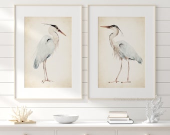 Great Blue Heron in Vintage Look, Modern Coastal Wall Decor, Absract Large Bird, Lake Birds, Set of 2 Prints, Minimalist Pictures, Poster