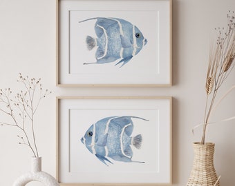 Angel Blue Fish, Set of 2 Prints, Minimalist Posters, Coastal Wall Decor, Sea Life, Marine Wall Decor, Nautical Artwork, Horizontal Art