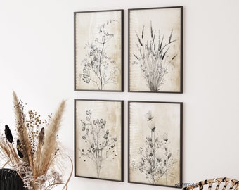 Modern Vintage Wild Flowers, Set of 4 Prints, Rustic Painting, Black Flowers Drawing, Botanical Prints, Floral Art, Minimalist Artwork