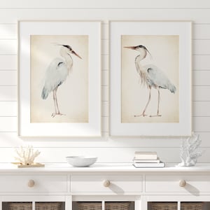 Great Blue Heron in Vintage Look, Modern Coastal Wall Decor, Absract Large Bird, Lake Birds, Set of 2 Prints, Minimalist Pictures, Poster