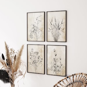 Modern Vintage Wild Flowers, Set of 4 Prints, Rustic Painting, Black Flowers Drawing, Botanical Prints, Floral Art, Minimalist Artwork